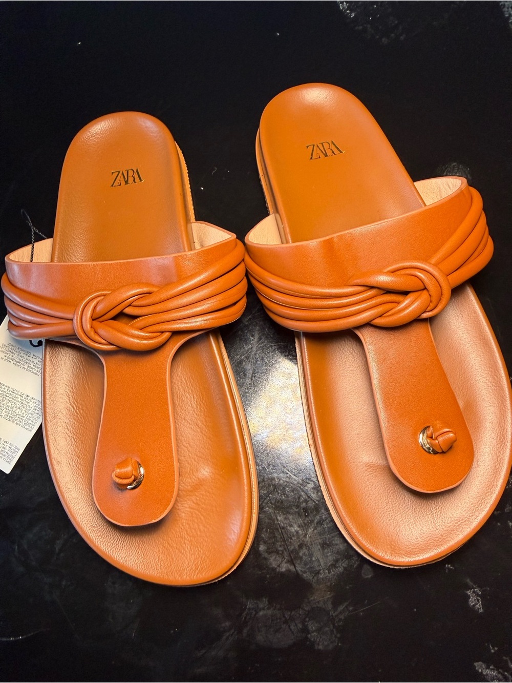 ZARA Tan Knotted Toe-Post Slide Sandals